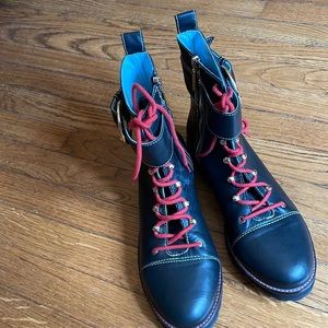 Frances Valentine Black zipper ankle boots with red lace and gold buckle detail